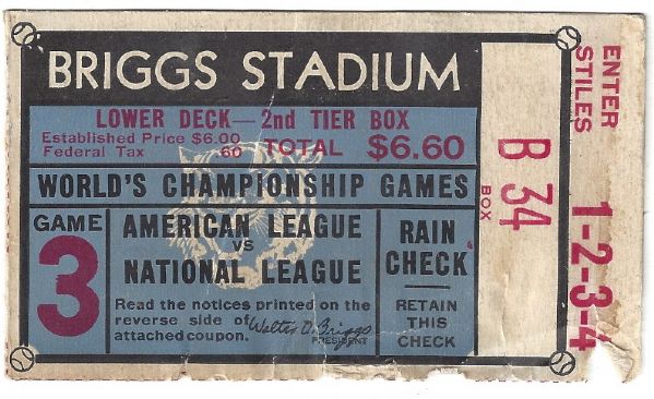 1945 World Series Game # 3 Ticket Stub