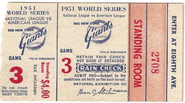 1951 World Series Game # 3 Ticket at the Polo Grounds 