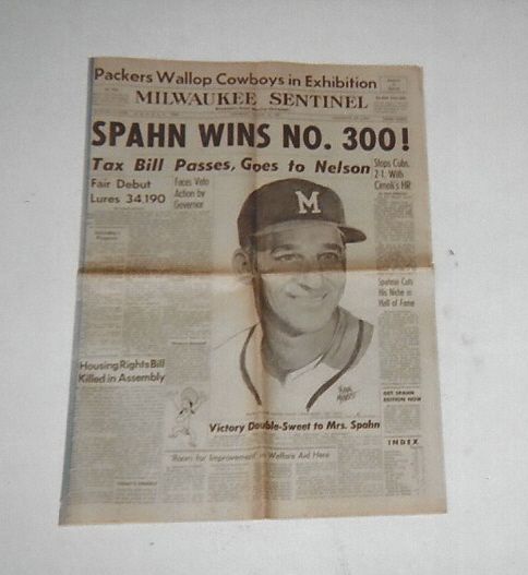 1961 Warren Spahn 300th Win Milwaukee Sentinel  Newspaper Section