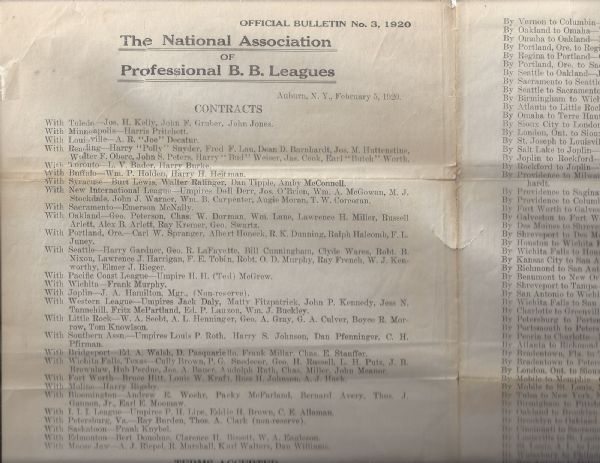 1920 National Association of Professional Leagues Official Front Office Document