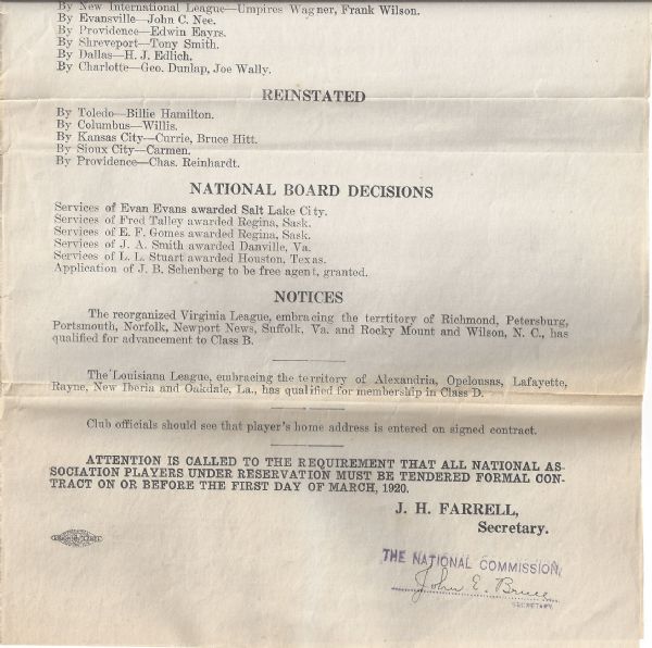 1920 National Association of Professional Leagues Official Front Office Document