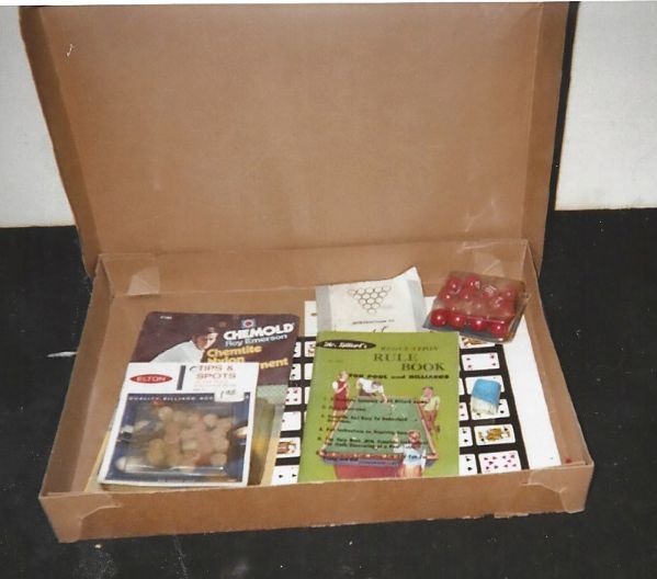 C. 1950's/60's Box Containing Billiards Stuff, Unused Tennis String & Magnetic Darts Metal Board