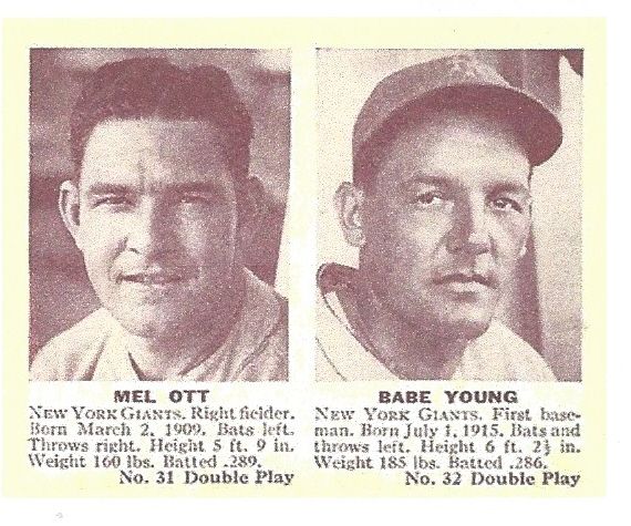 1941 Double Play Baseball Card with Mel Ott & Babe Young 