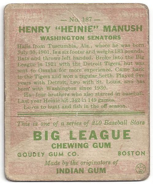 1933 Henry Heinie Manush (HOF) Goudey Baseball Card