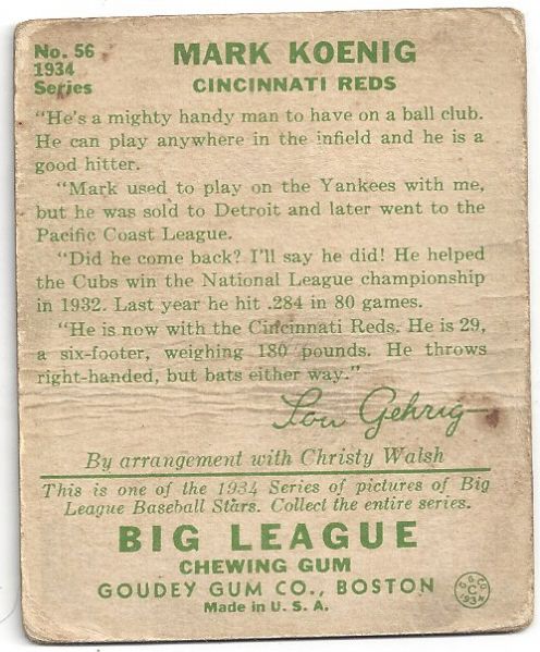 1934 Mark Koenig (Cincinnati Reds) Goudey Baseball Card
