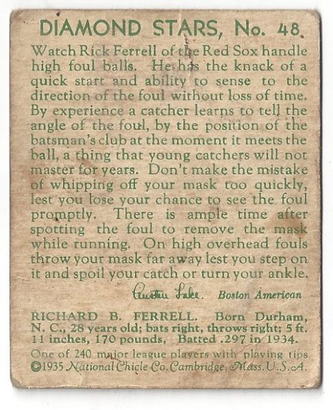 1935 Rick Ferrell (HOF) Diamond Stars Baseball Card