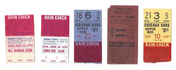 1967 - 1974 Chicago Cubs Ticket Stub Lot of (5) 