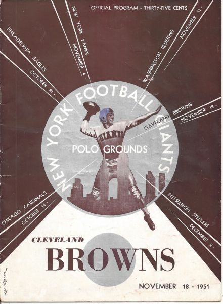 1951 NY Football Giants Football Program vs Cleveland Browns