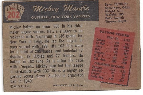 1955 Mickey Mantle (HOF) Bowman Baseball Card