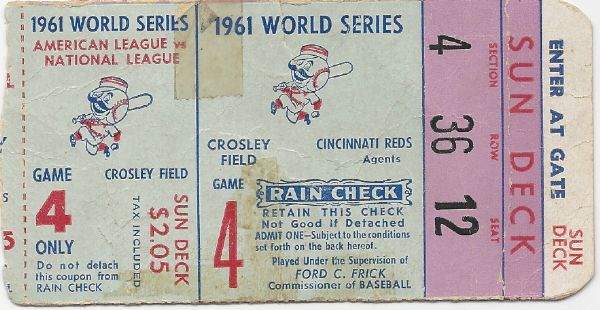 1961 World Series Ticket Stub at Cincinnati - Game # 4