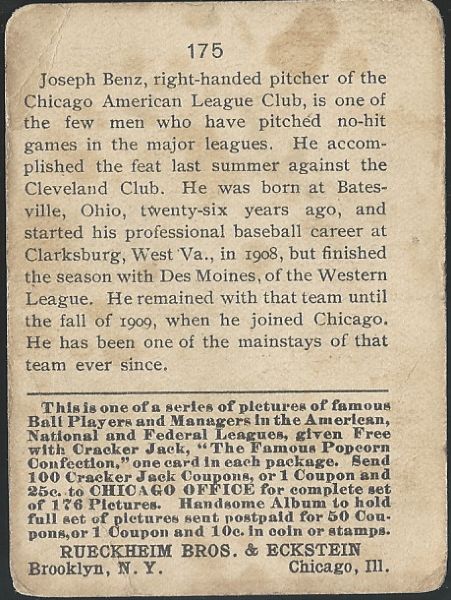 1915 Cracker Jack Joe Benz Baseball Card