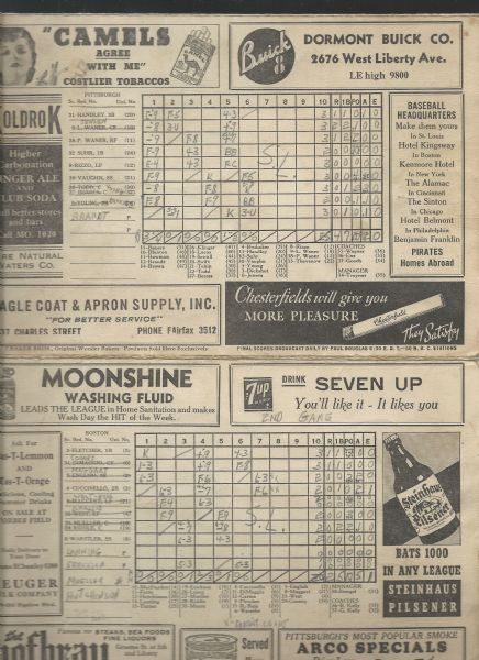 1938 Pittsburgh Pirates Official Fold-Out Scorecard at Forbes Field