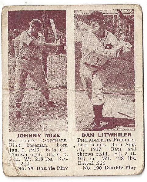 1941 Johnny Mize (HOF) and Dan Litwhiler Double Play Baseball Card