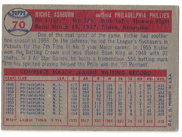 1957 Richie Ashburn Topps Better Condition Card