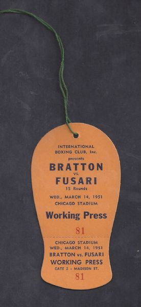 1951 Bratton vs Fusari Championship Fight Working Press Pass with Original String