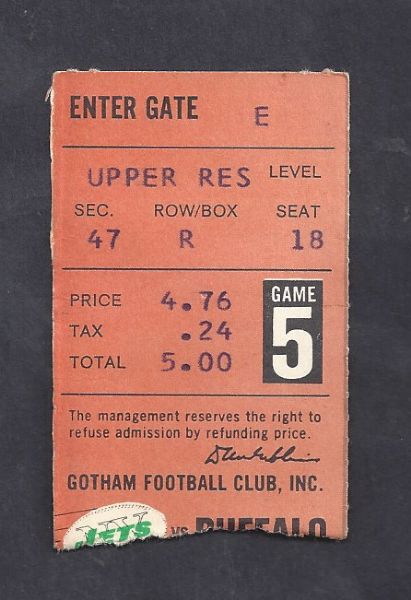 1967 NY Jets (AFL) Ticket Stub vs Buffalo Bills 