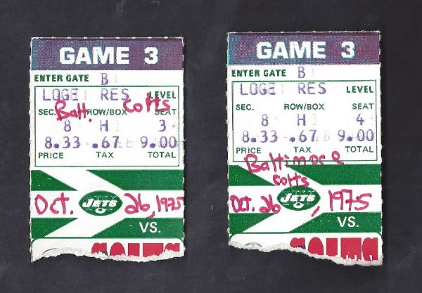 1975 NY Jets (NFL) Lot of (2) Ticket Stubs