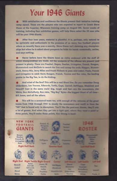 1946 NY (football) Giants Tri-Fold Cardboard Team Issued Roster  