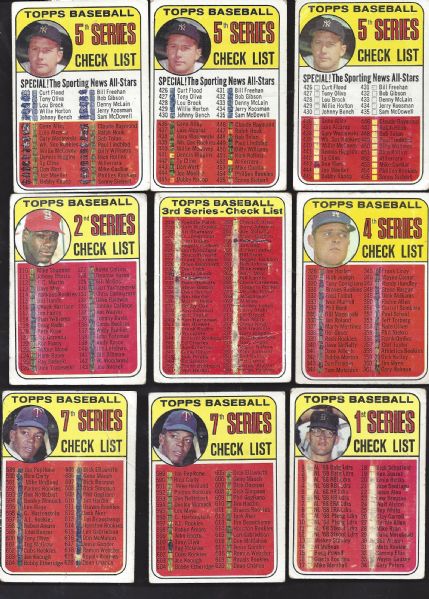 1969 Topps Checklists Lot of (9) with Mantle Mantle and other Stars