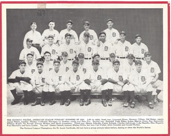 1934 Detroit Tigers (World Champions) Team Photo Premium