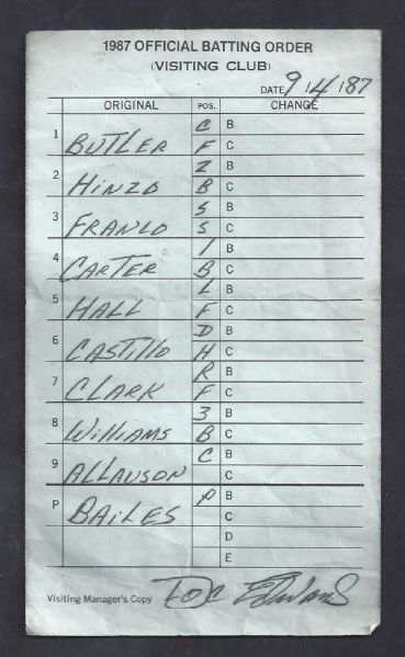 1987 Cleveland Indians Official Line-Up Card at Boston