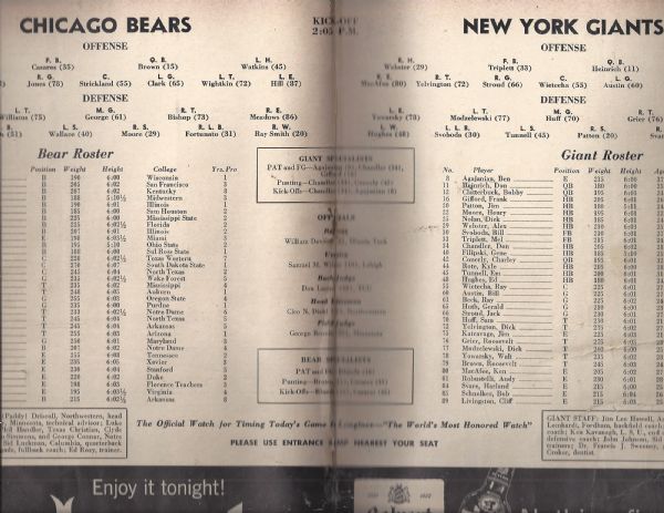 1956 NFL Championship Game Program (Giants vs Bears) at New York