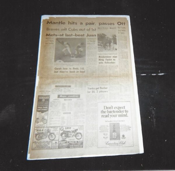1967 Mickey Mantle Passes Mel Ott Display Newspaper