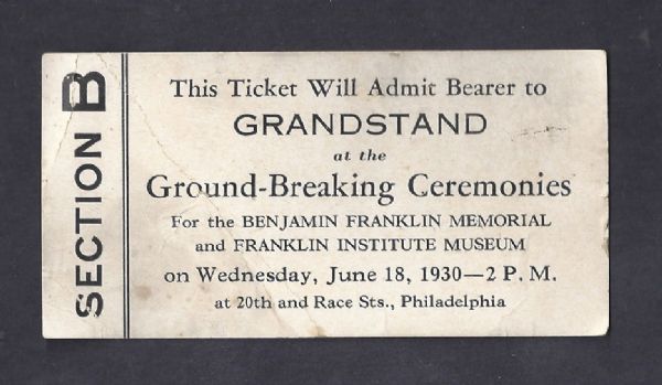 1930 Ben Franklin Institute Groundbreaking Ceremonies Grandstand Ticket