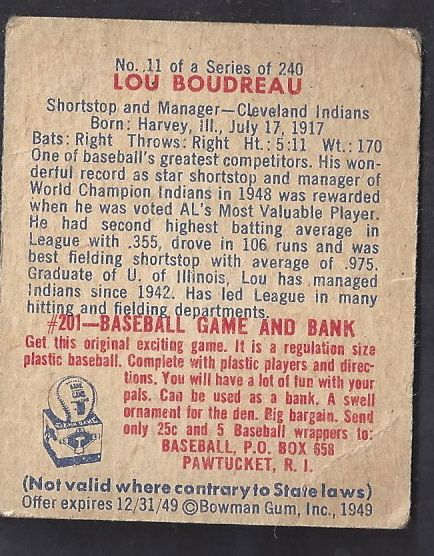 1949 Lou Boudreau (HOF) Bowman Baseball Card 