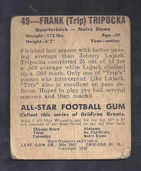 1948 Frank Trip Tripucka Leaf Football Card 