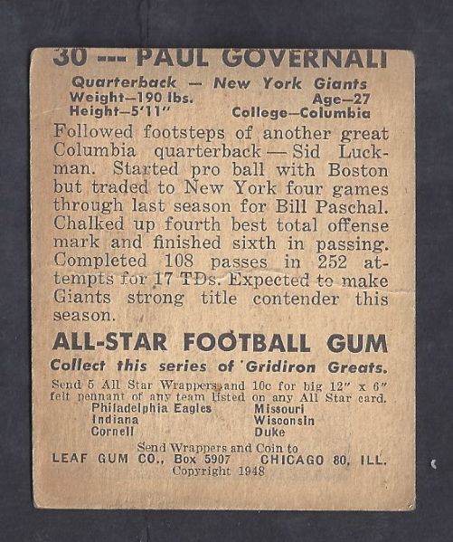 1948 Paul Governali (NY Giants) Leaf Football Card 