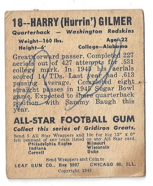 1948 Harry Gilmer (Washington Redskins - QB) Leaf Football Card