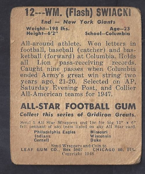 1948 Bill Flash Swiacki (NY Giants) Leaf Football Card 