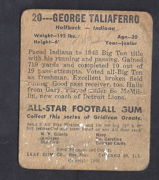 1948 George Taliaferro Leaf Football Card 