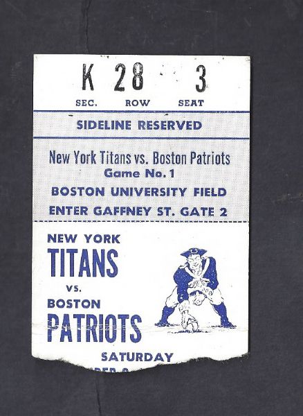 1961 Boston Patriots (AFL) Ticket Stub vs NY Titans 