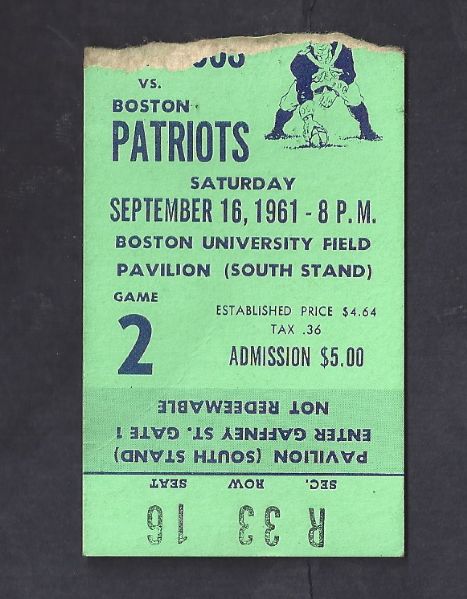 1961 Boston Patriots (AFL) Ticket Stub vs Denver Broncos 