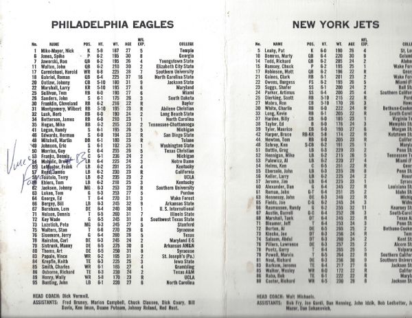 1977 Vice Papale (Philadelphia Eagles) Signed Flip Card from NFL game vs Jets