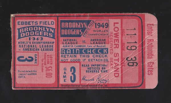 1949 Brooklyn Dodgers World Series - Game # 3 - Ticket Stub at Ebbets Field 