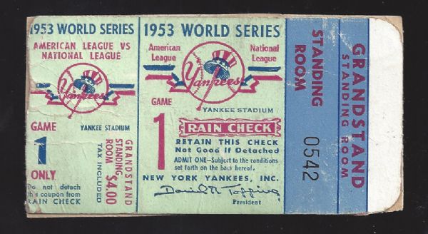 1953 NY Yankees World Series Standing Room Ticket 