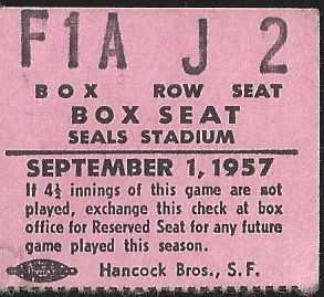 1957 San Francisco Seals (PCL) Ticket Stub 