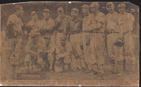 1937 NY Giants (NL) Newspaper Stock Team Photo Autographed by Bill Terry & Carl Hubbell 
