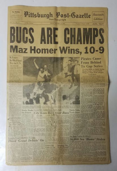 1960 Bucs are Champs - Pittsburgh Post Gazette - With large, bold Headline 