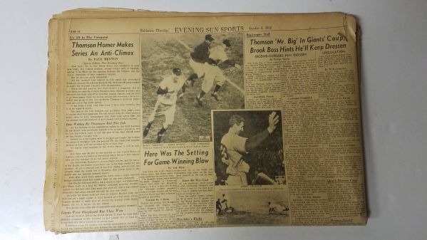 1951 Bobby Thomson - Shot Heard Round the World - Baltimore Evening Sun Newspaper Recap 