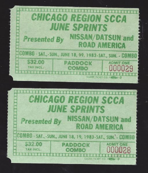 1983 Chicago Region SCCA June Sprints Racing Tickets Lot of (2) 