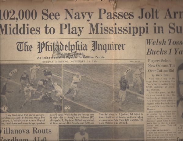 1954 Army vs Navy Philadelohia Inquirer Sports Section 