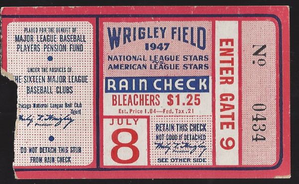 1947 MLB All-Star Game Official Ticket at Wrigley Field 