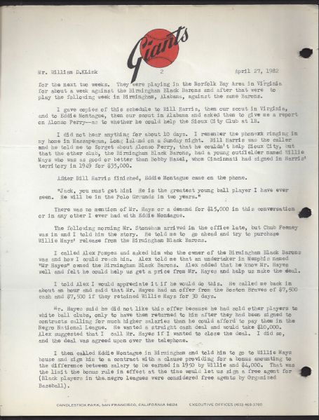 1982 Letter from Jack Schwarz (NY & SF Giants Director of Scouting) on the Willie Mays Signing