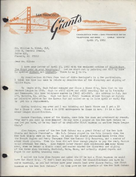 1982 Letter from Jack Schwarz (NY & SF Giants Director of Scouting) on the Willie Mays Signing