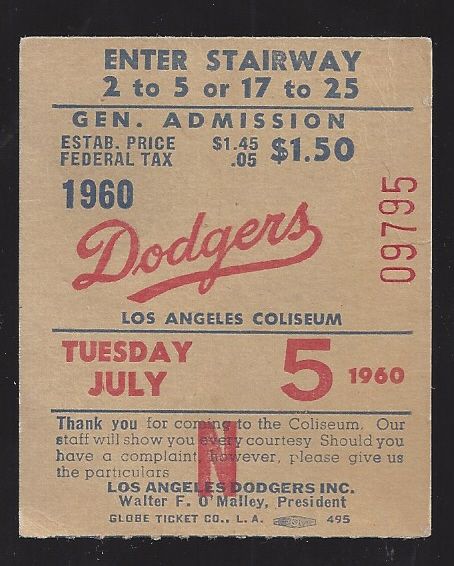 1960 LA Dodgers Home Game Ticket Stub at the LA Coliseum