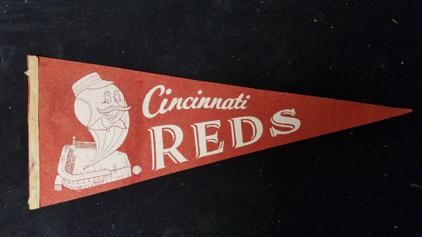C. 1950's/60's Cincinnati Reds - Mr. Red Coming out of Crosley Field - Felt Pennant